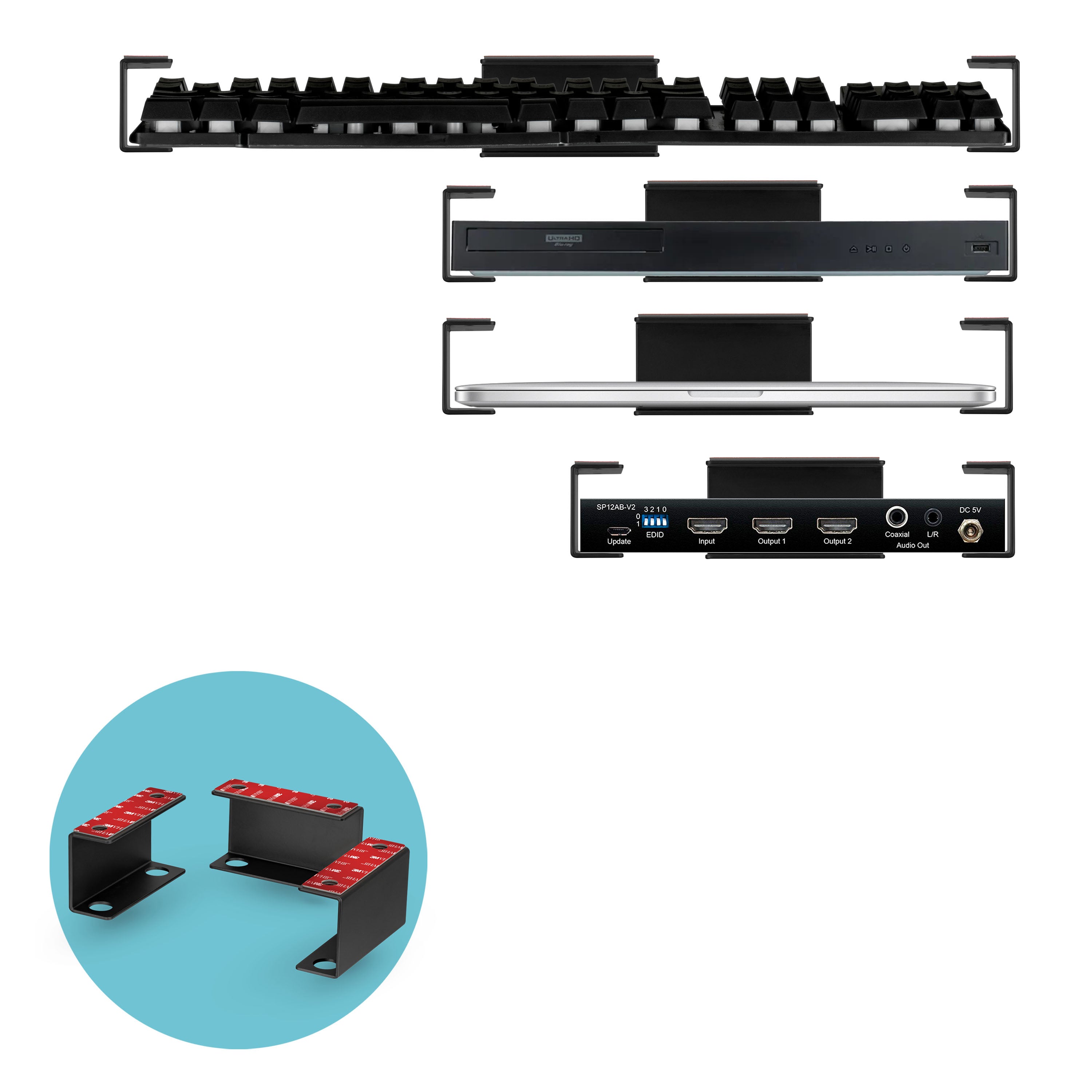 3” Under Desk Laptop & Device Holder Mount, Adhesive & Screw In, Devices  upto 3 Like Small Computers Laptops Macbook Surface Keyboard Routers  Modems